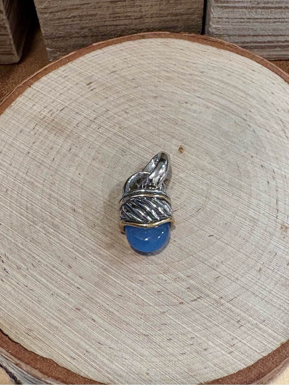 Vintage Blue Glass and Two-Tone Metal Pendant Necklace